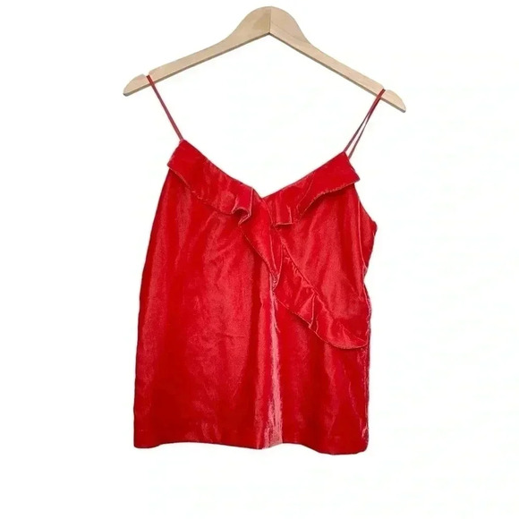 J. Crew Red Velvet Ruffle Cami Blouse Size 00 - Picture 1 of 6